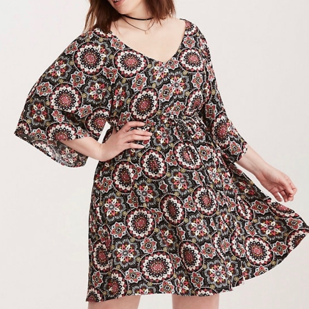 Medallion Print Lattice Challis Dress